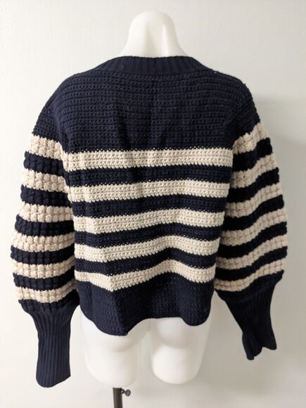 Sea Size XL Reese Popcorn Sweater Navy Cream Striped 100% Wool Knit Long Sleeves - Picture 10 of 12
